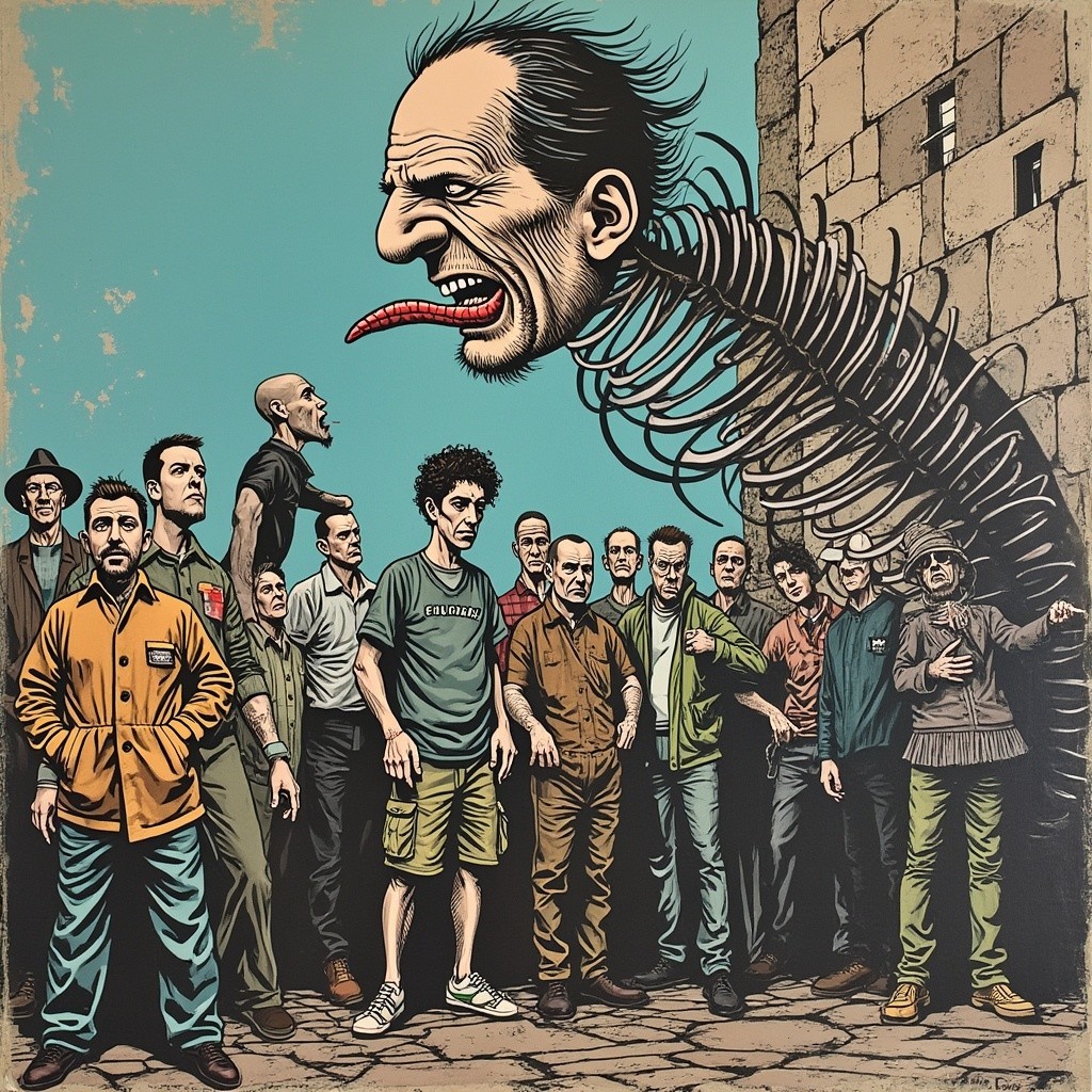 Surreal Scene of Men Facing Grotesque Figure