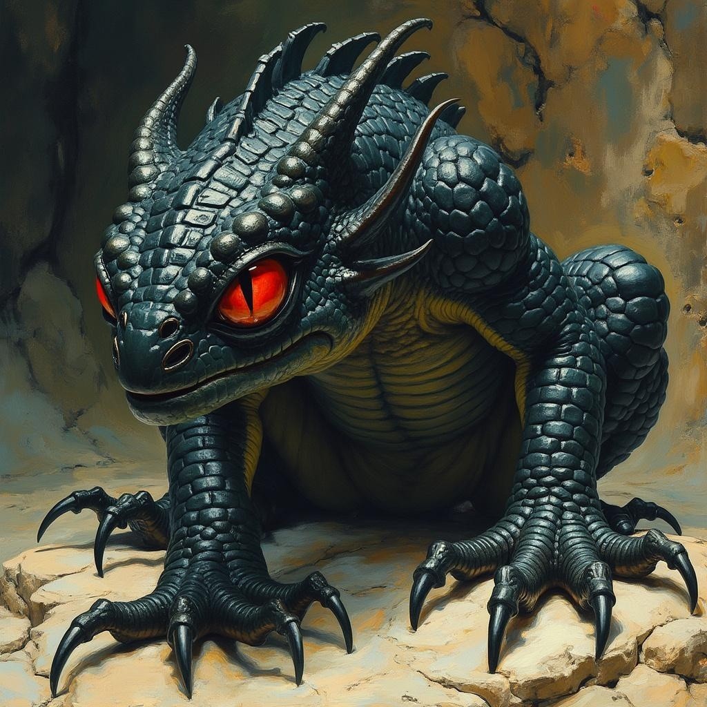Dragon-like creature with dark scales and red eyes