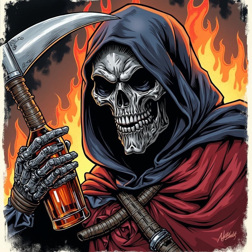 Menacing Figure in Dark Robes with Scythe and Flames