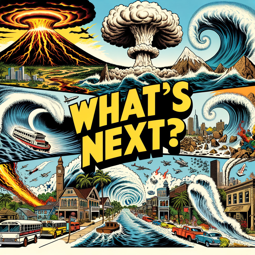 Comic Illustration of Natural Disasters and Chaos