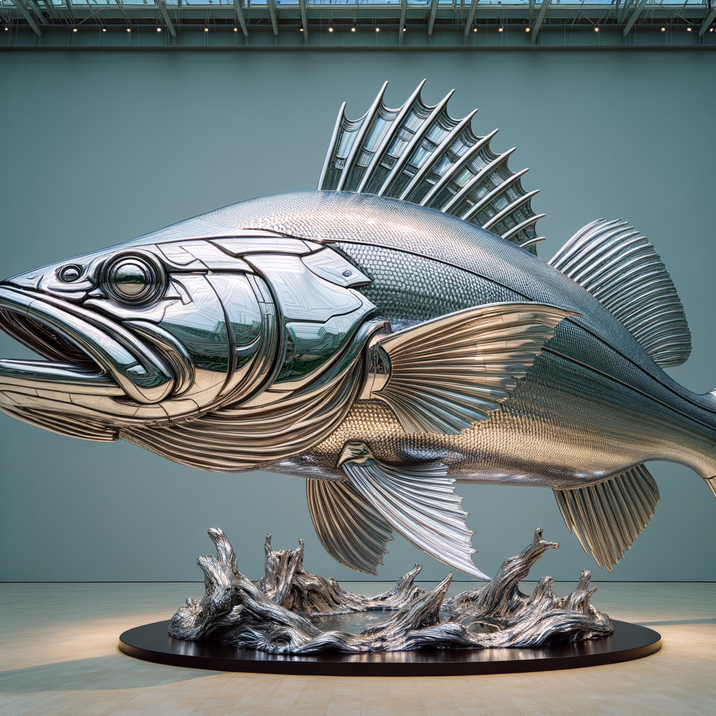 Oversized Polished Metal Fish Sculpture in Gallery