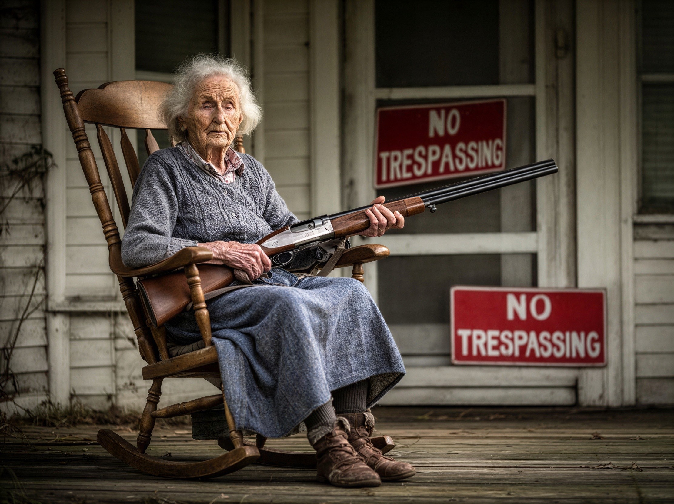 Elderly Woman with Shotgun on Wooden Porch