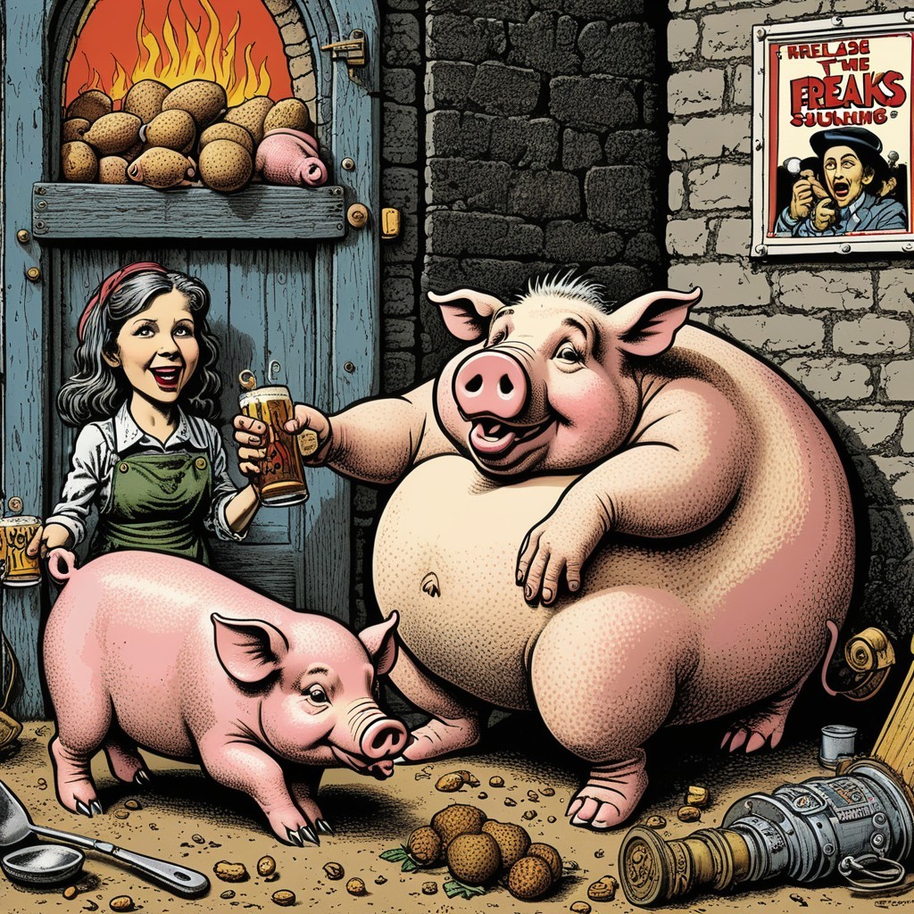 Whimsical Scene with Woman, Pigs, and Rustic Decor