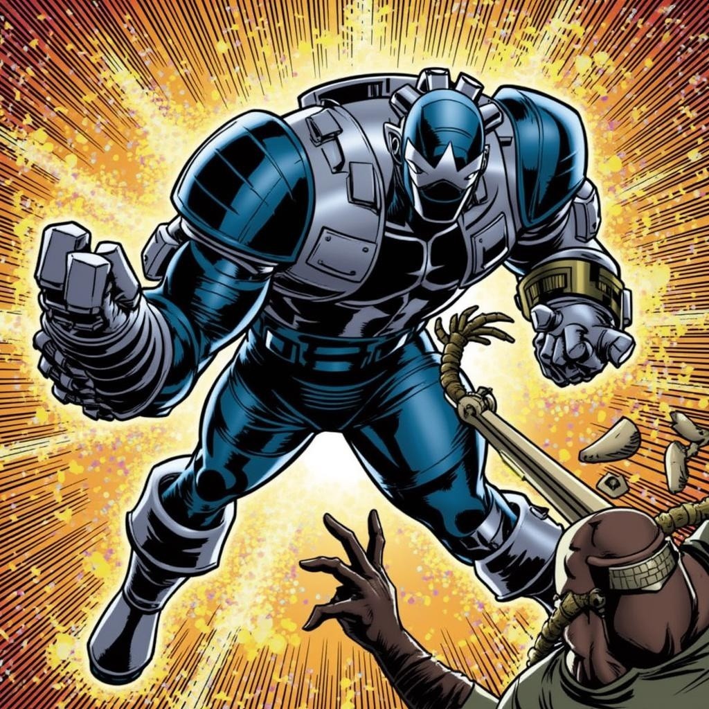 Armored Superhero with Mechanical Arm in Confrontation