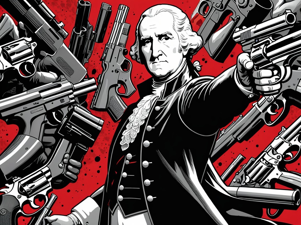 Historical figure in elaborate coat with modern firearms