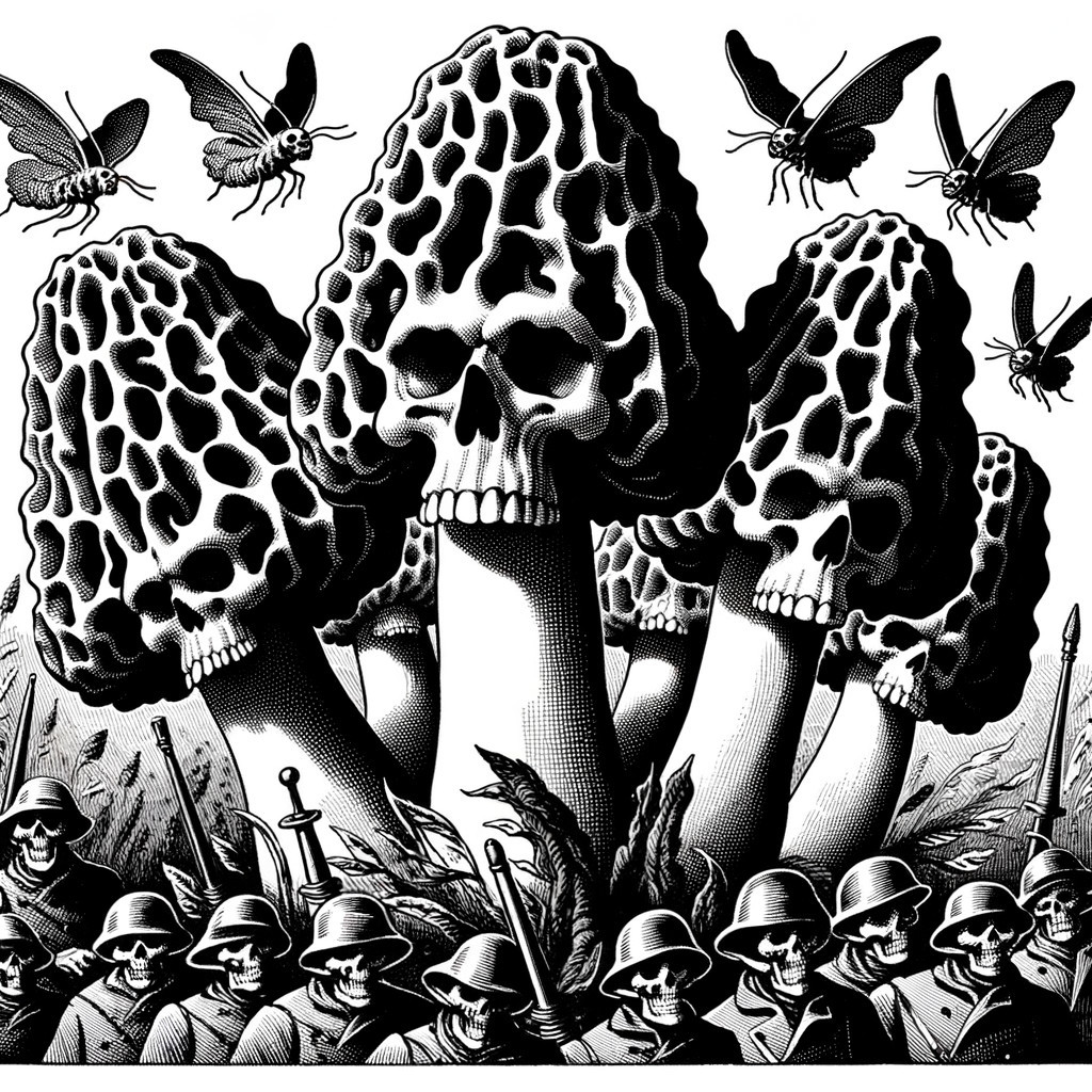 Surreal Artwork of Skull-Like Mushrooms and Soldiers