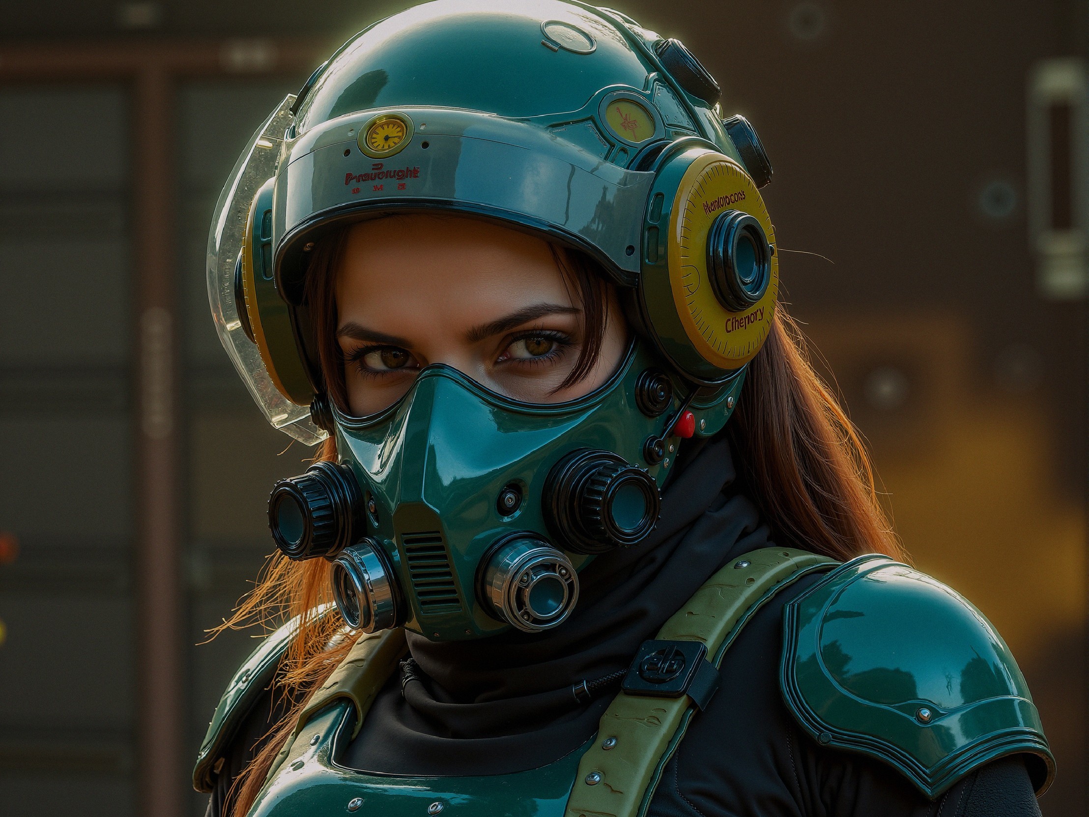 Futuristic Combat-Ready Person in Green Helmet and Gadgets