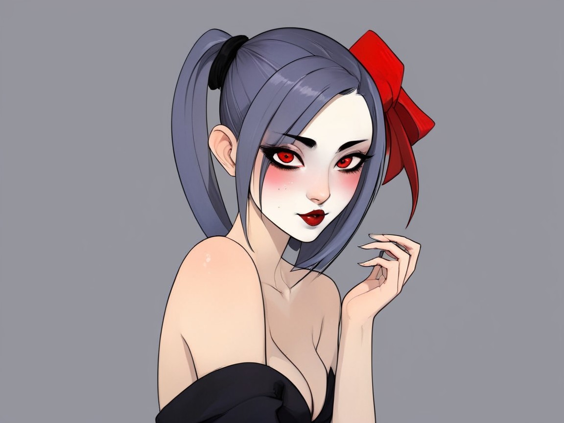 Stylized Character with Red Eyes and Pale Skin