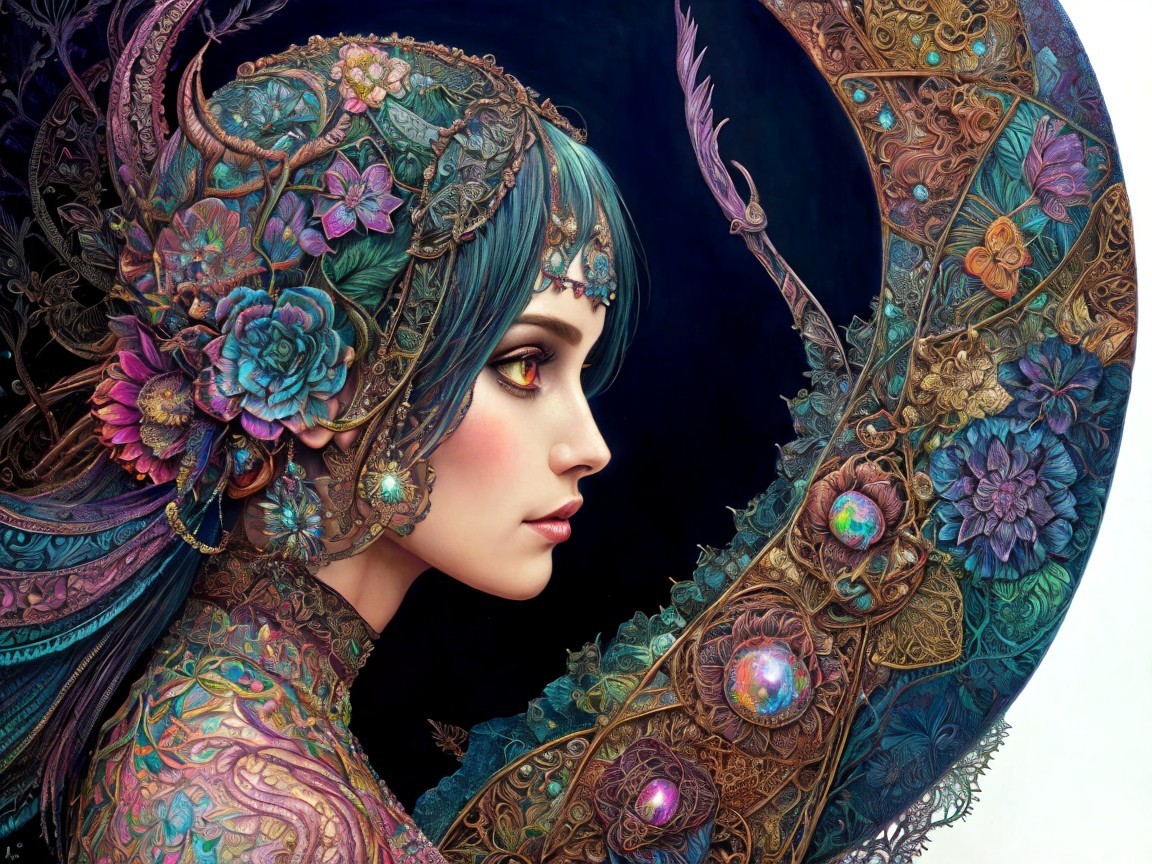 Intricate Female Figure with Floral Motifs and Jewelry