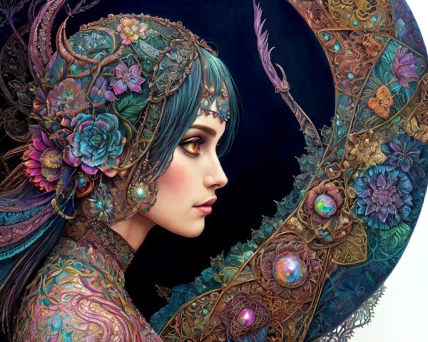 Intricate Female Figure with Floral Motifs and Jewelry