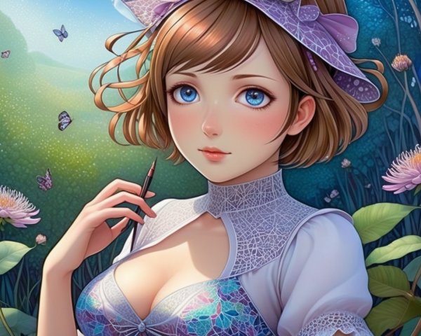 Young Woman in Floral Outfit in Lush Garden Setting