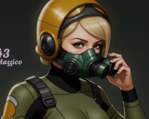 Close-Up of Female Character in Green Gas Mask and Suit