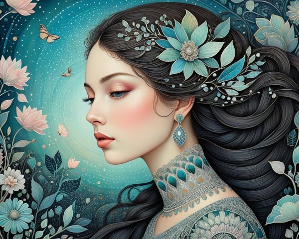 Serene Portrait of Woman with Floral Designs and Butterflies