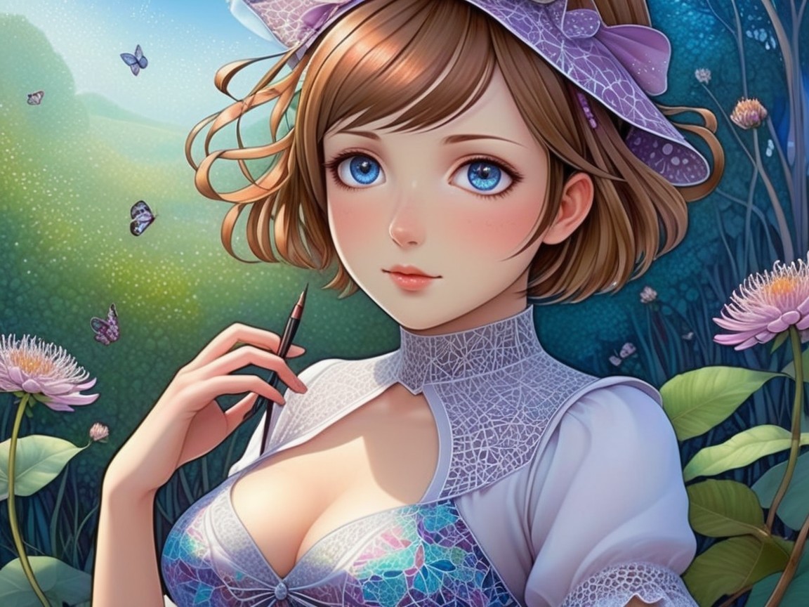Young Woman in Floral Outfit in Lush Garden Setting