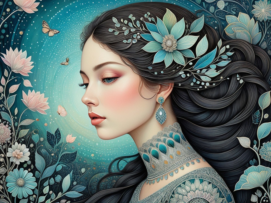Serene Portrait of Woman with Floral Designs and Butterflies
