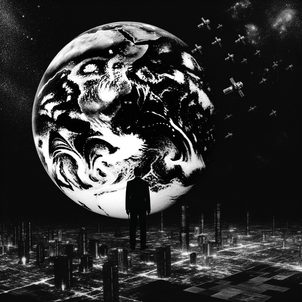 Monochromatic Silhouette in Futuristic Cityscape