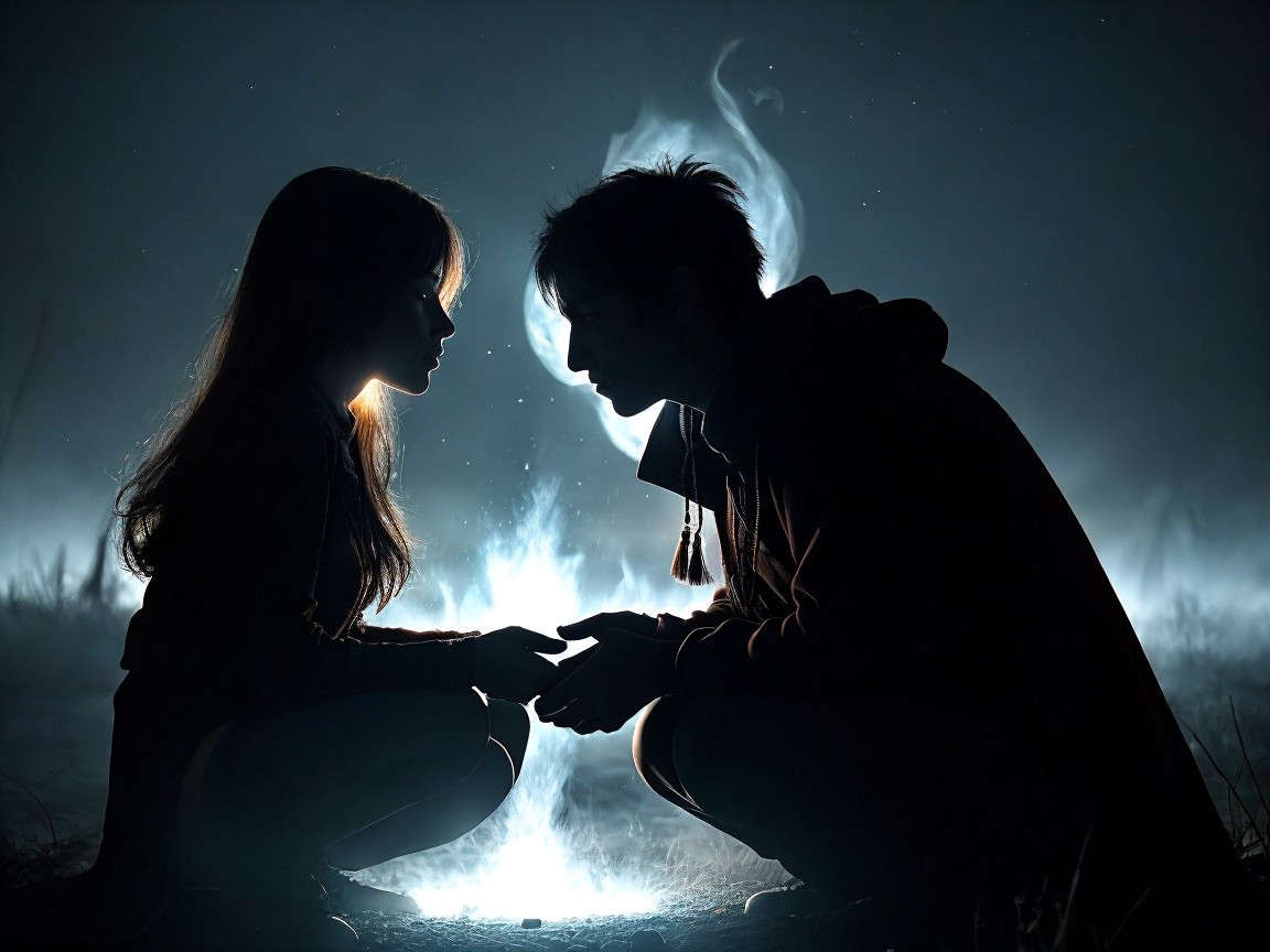 Silhouetted Figures by a Campfire at Night