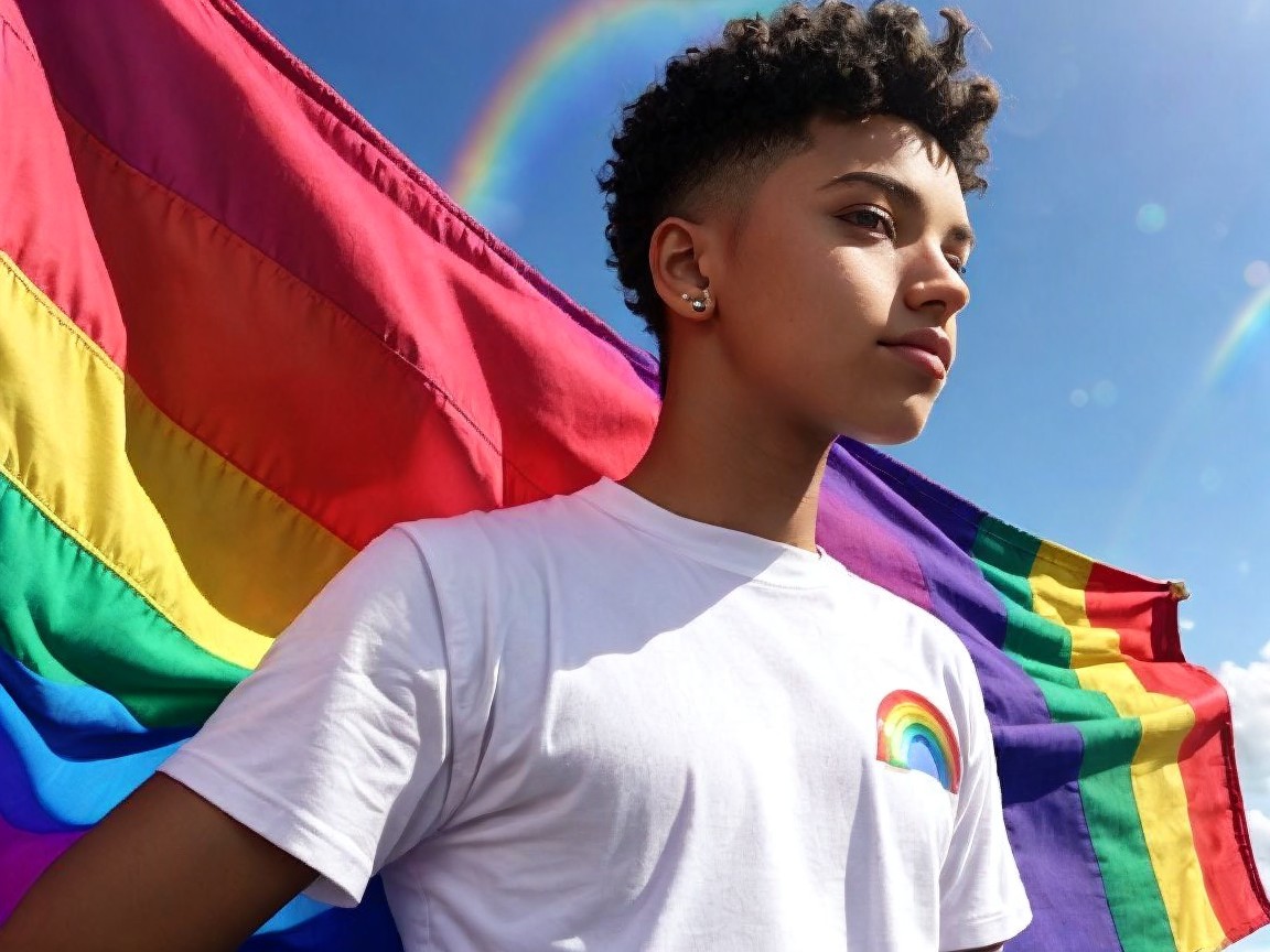 Young Person with Rainbow Flag Against Blue Sky