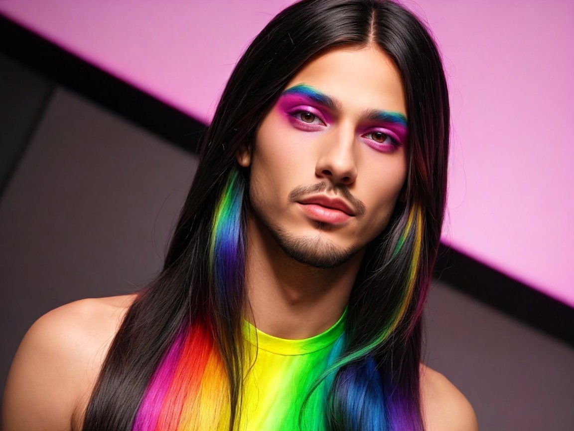 Portrait of a model with rainbow highlights and bold makeup