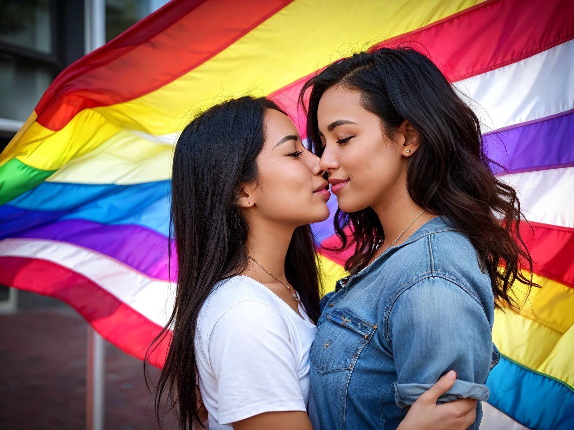 Tender Moment Between Two Women with Rainbow Flag