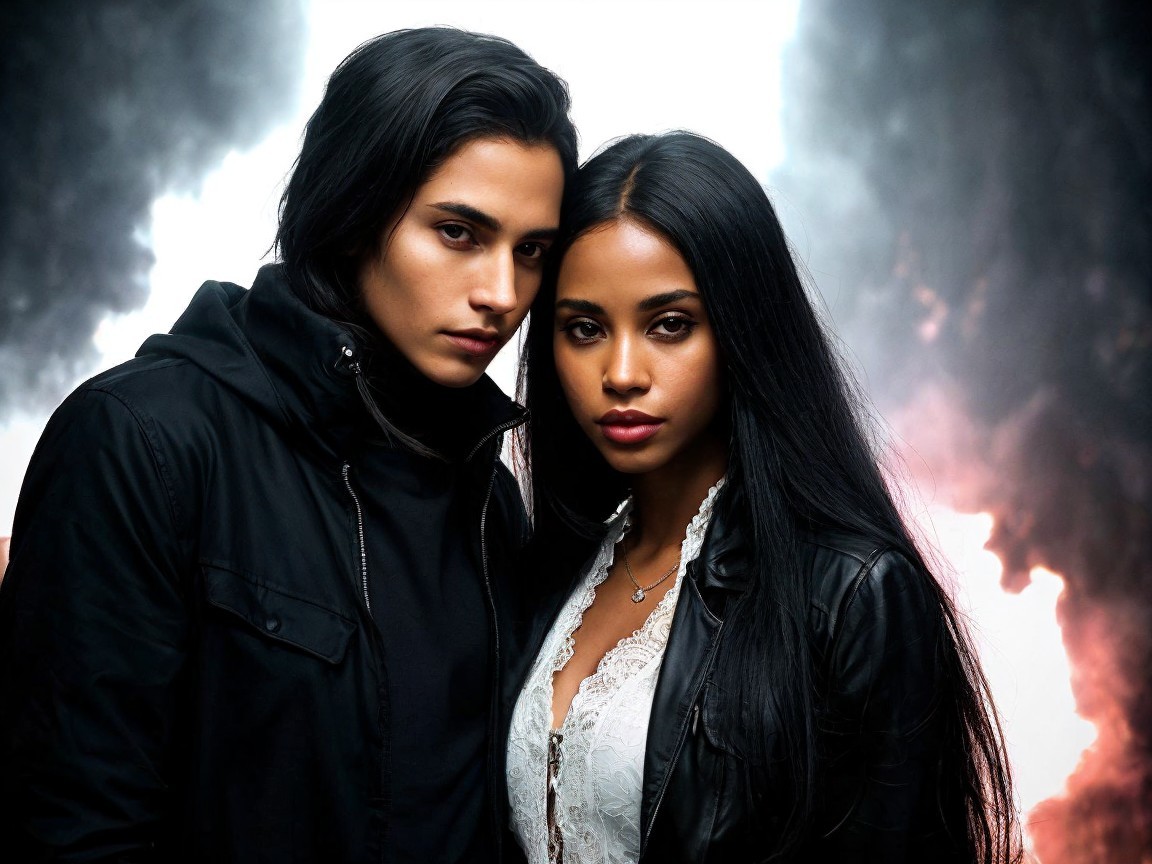 Young couple with dark hair in smoke-filled backdrop