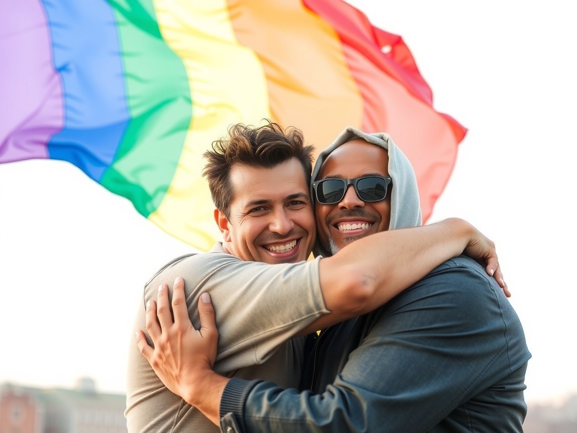 Joyful embrace with a rainbow flag and sunny backdrop