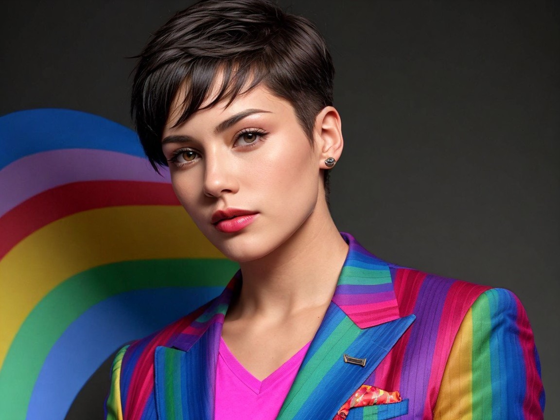 Multicolored Striped Suit with Pink Shirt and Makeup