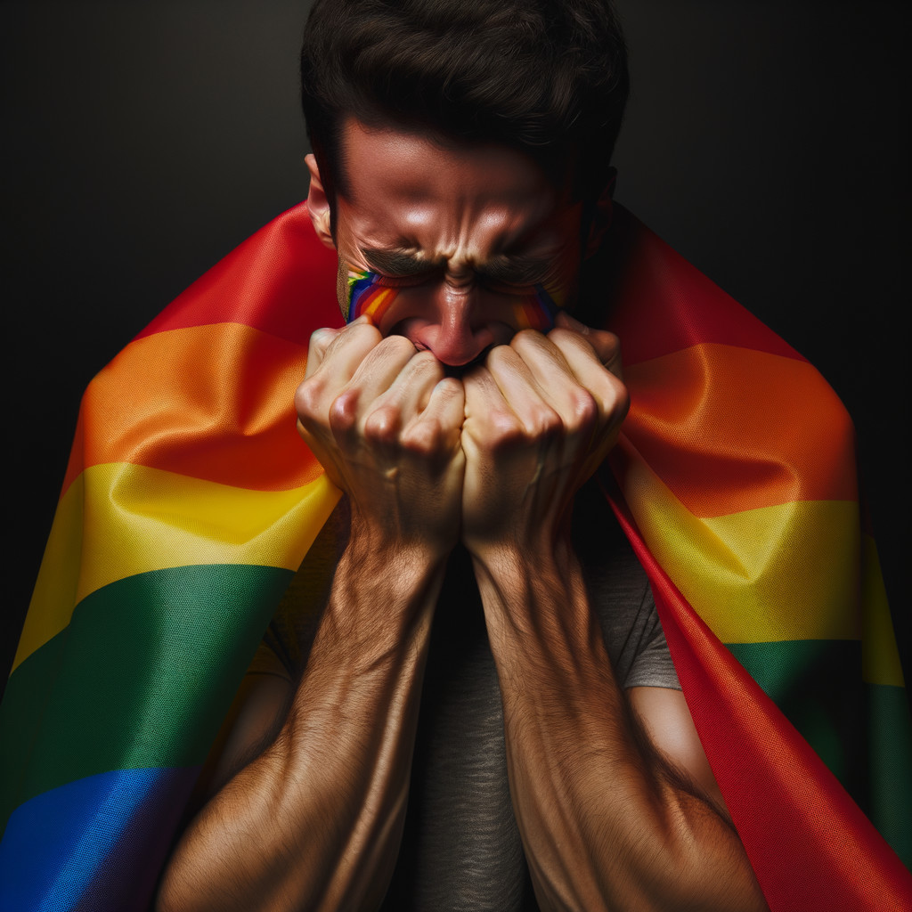 Young man with rainbow flag expressing LGBTQ+ struggle