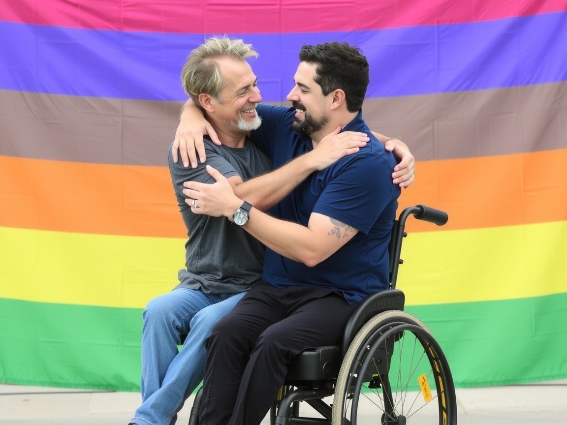 Joyful Embrace Against Colorful LGBTQ+ Pride Flag