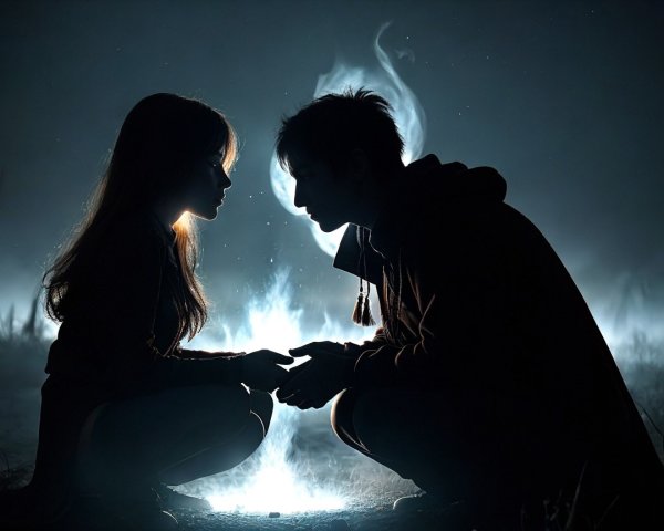 Silhouetted Figures by a Campfire at Night