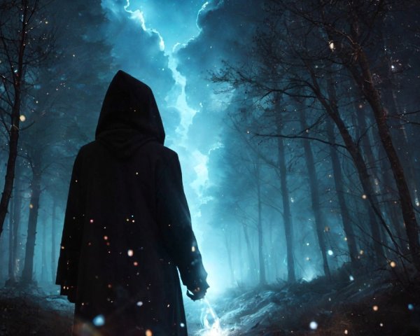 Hooded Figure in Glowing Blue Forest Scene