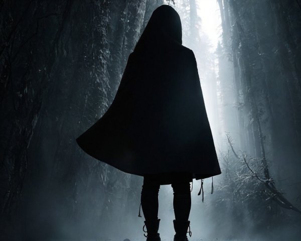 Mysterious Figure in Hooded Cape in Foggy Forest