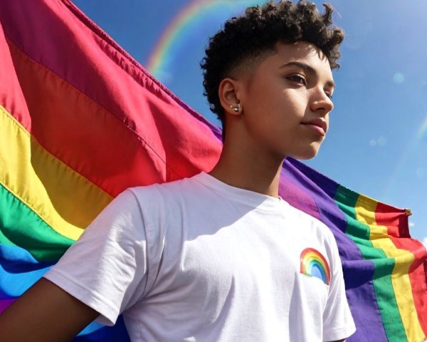 Young Person with Rainbow Flag Against Blue Sky
