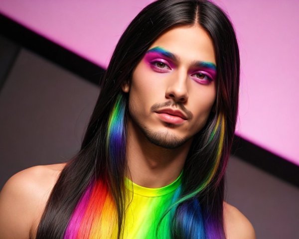 Portrait of a model with rainbow highlights and bold makeup