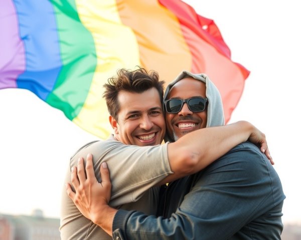 Joyful embrace with a rainbow flag and sunny backdrop
