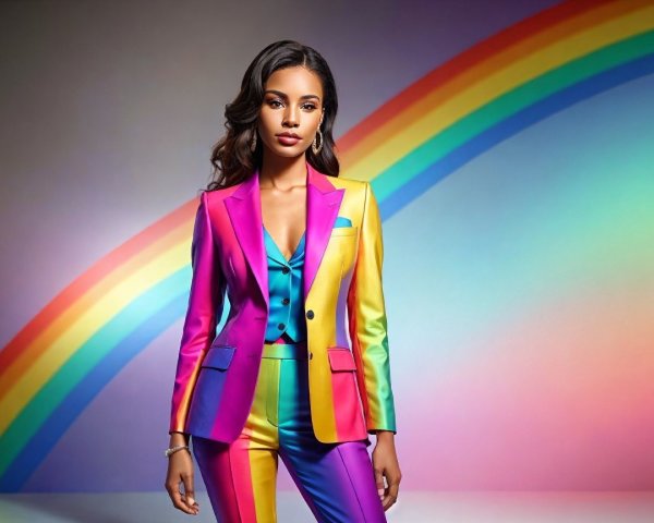 Confident Woman in Vibrant Multicolored Suit and Rainbow