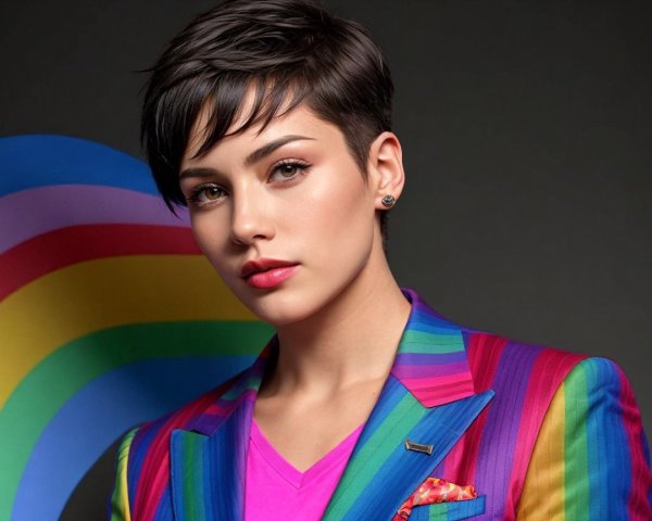 Multicolored Striped Suit with Pink Shirt and Makeup