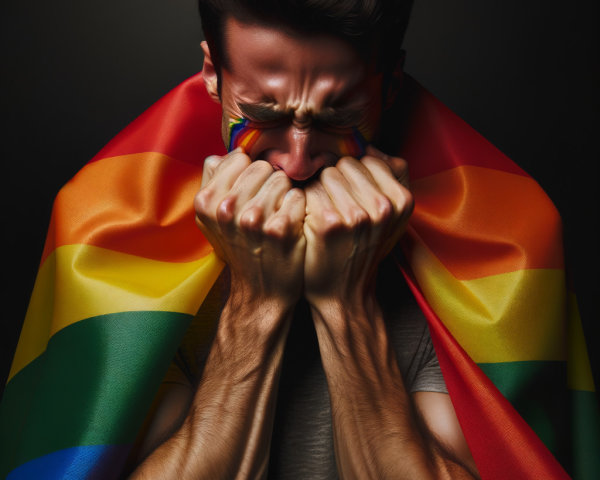 Young man with rainbow flag expressing LGBTQ+ struggle