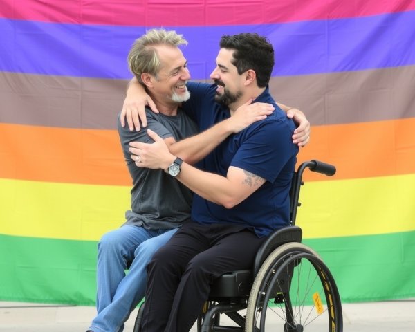 Joyful Embrace Against Colorful LGBTQ+ Pride Flag