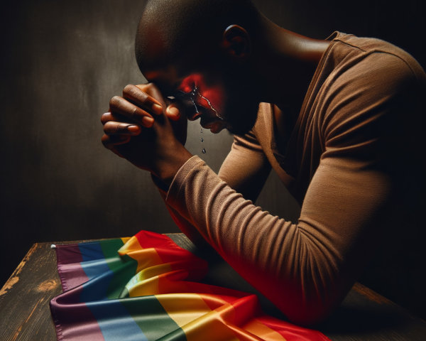 Man in Contemplation with Pride Flag and Tears