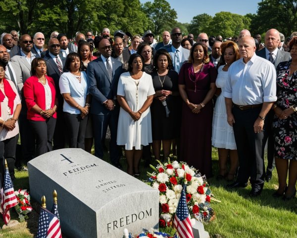 Ceremony at Gravestone Marked "FREEDOM" with Attendees