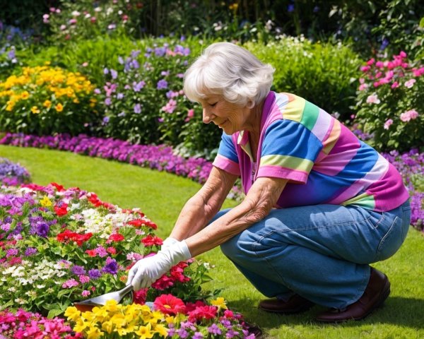 Elderly Woman Tending a Colorful Flower Garden