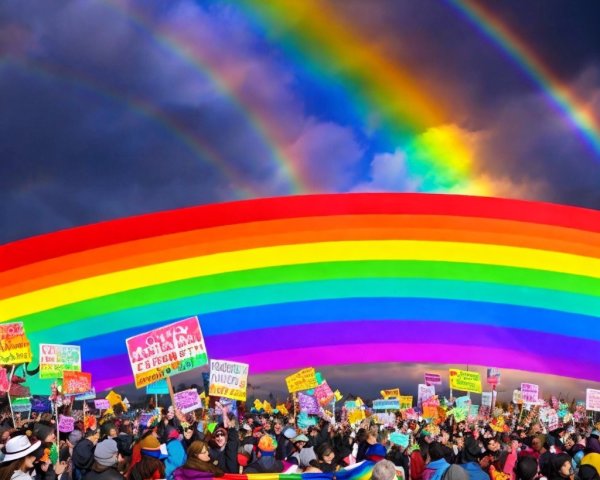 Diverse Crowd at LGBTQ+ Rights Rally with Rainbows