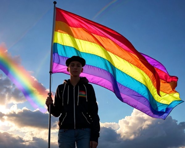 Person with rainbow flag against vibrant clouds and rainbow
