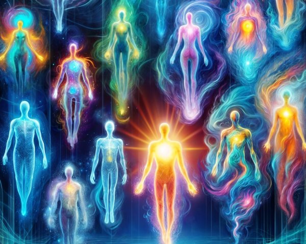 Translucent Glowing Figures in Ethereal Cosmic Scene