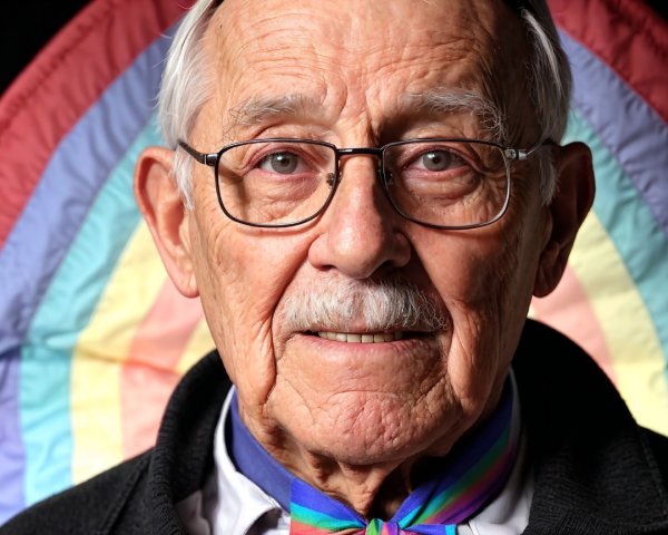 Elderly man in glasses with rainbow backdrop and scarf