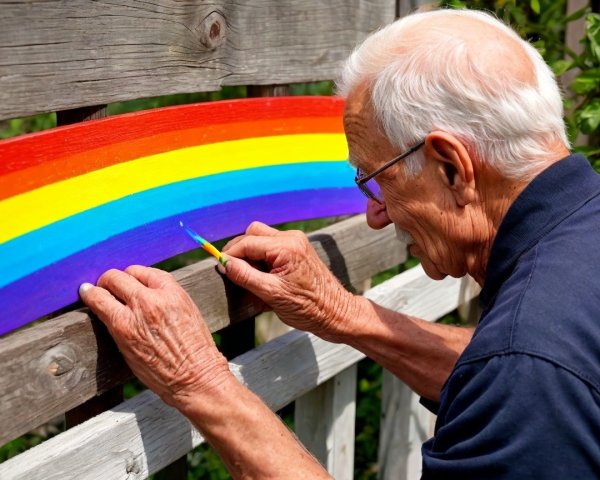 Elderly Man Painting a Rainbow on a Wooden Fence