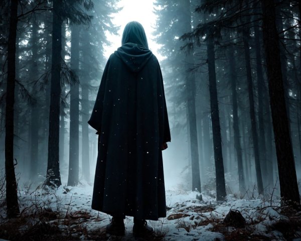 Cloaked Figure in Sparse Forest with Melting Snow
