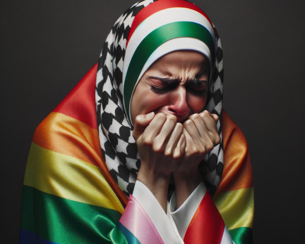 Woman in Rainbow Shawl Expressing Emotional Turmoil