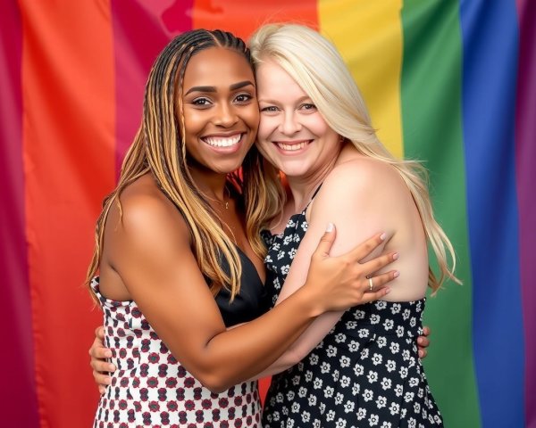 Women Embracing by Rainbow Flag Symbolizing Pride